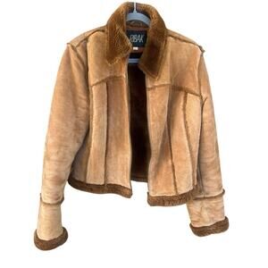 Vintage Shearling Leather Jacket Brown Cropped Aviator Y2K Sherpa XXL